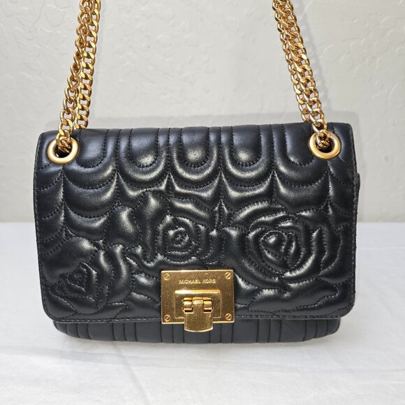 Michael Kors Vivianne Black Floral Quilted Leather Gold Chain Strap Shoulder Bag - Picture 7 of 12